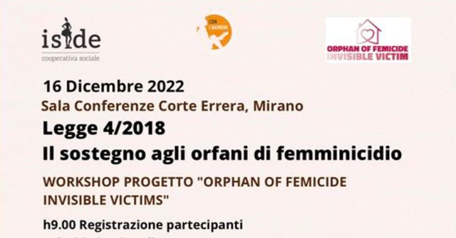 Workshop "Legge 4/2018: il sostegno agli orfani di femminicidio" venerdì 16 dalle 9.00